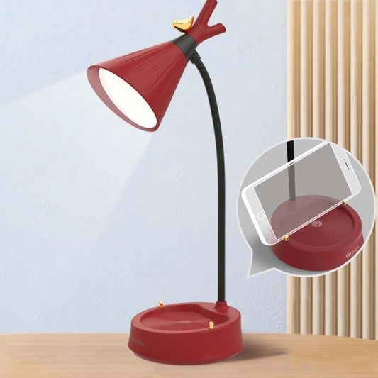Red bird-shaped LED desk lamp with touch base and built-in mobile phone holder