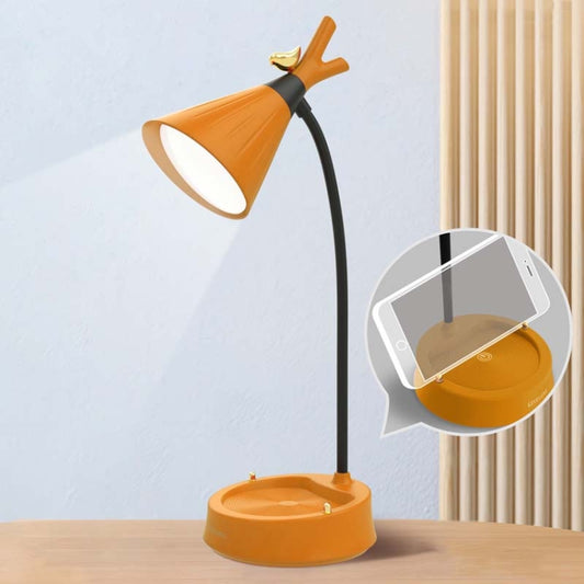 Orange bird-shaped LED desk lamp with touch base and built-in mobile phone holder