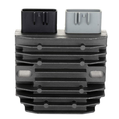 Motorcycle rectifier/regulator unit with black heatsink and two top electrical connectors