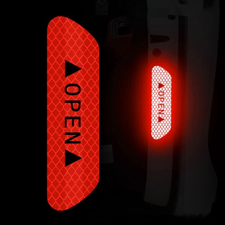 Red reflective OPEN car door sticker, curved strip with triangle arrow icons
