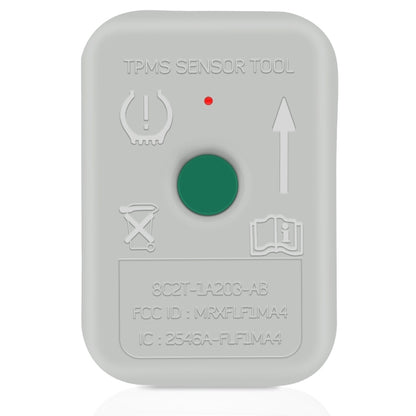 Gray TPMS sensor reset tool with green button and icon controls