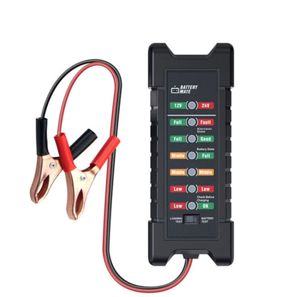 12V/24V car battery tester with red and black clamp leads, LED status display