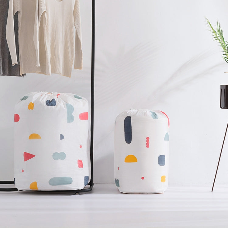Quilt storage bags with drawstring tops in geometric print, small and large