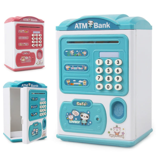 Simulation Password Fingerprint Sensor Unlocking Money Box Automatic Roll Money Safe ATM Piggy Bank, Pink, Blue