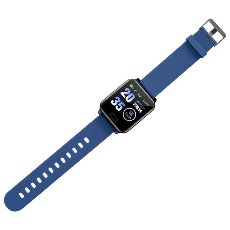 Blue smart bracelet with rectangular screen and perforated silicone wrist strap