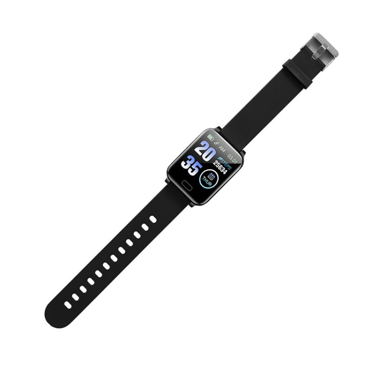 Black smart bracelet with rectangular screen and perforated silicone wrist strap