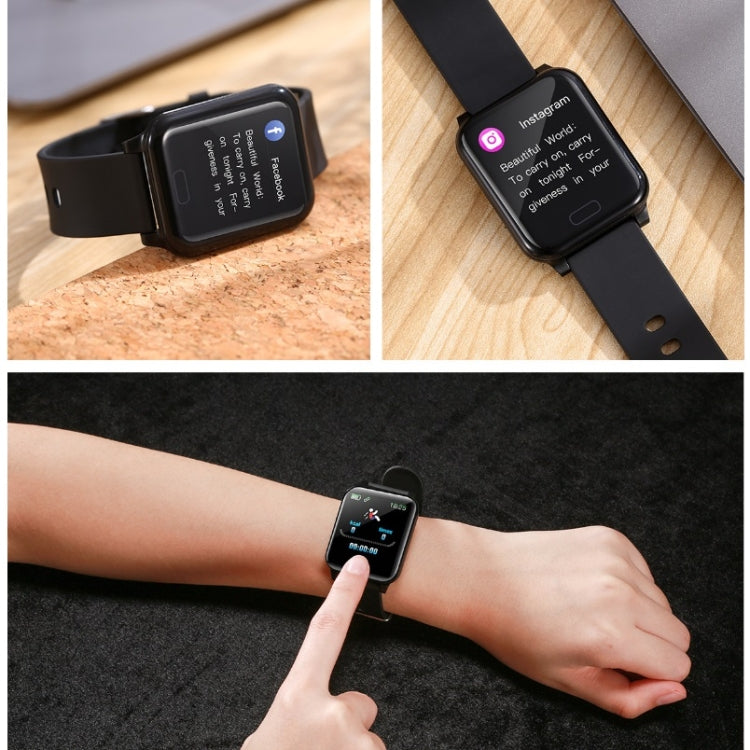 Black smart bracelet with rectangular touchscreen displaying icons on the strap
