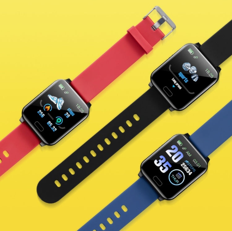 Smart bracelets in red, black, and blue with rectangular touchscreen displays