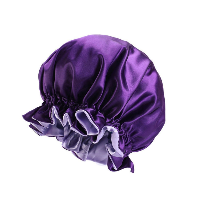 Purple satin round sleep hat with gathered crown and light purple ruffle trim