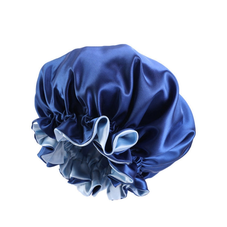 Blue satin round sleep hat with gathered crown and pale blue ruffle trim