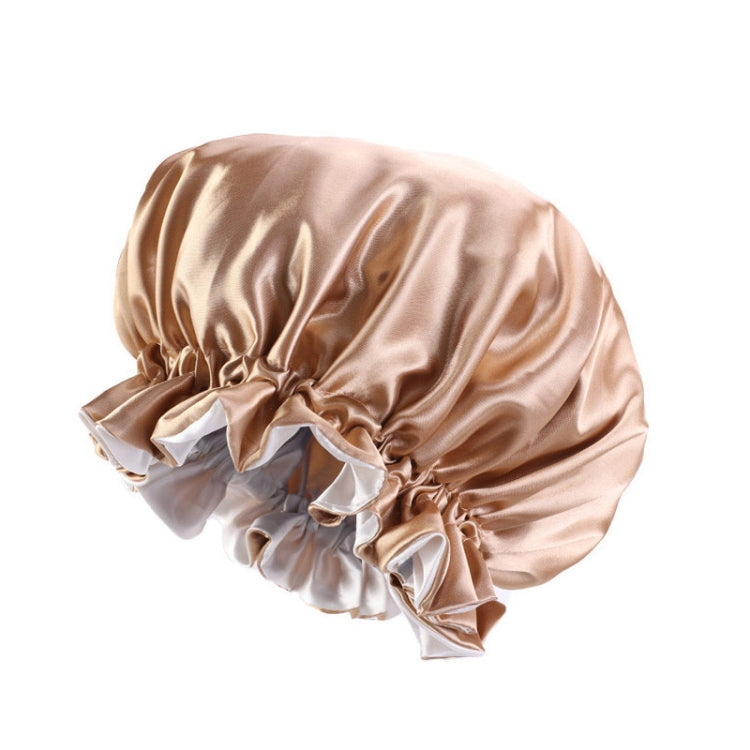 Tan satin round sleep hat with gathered crown and white ruffle trim