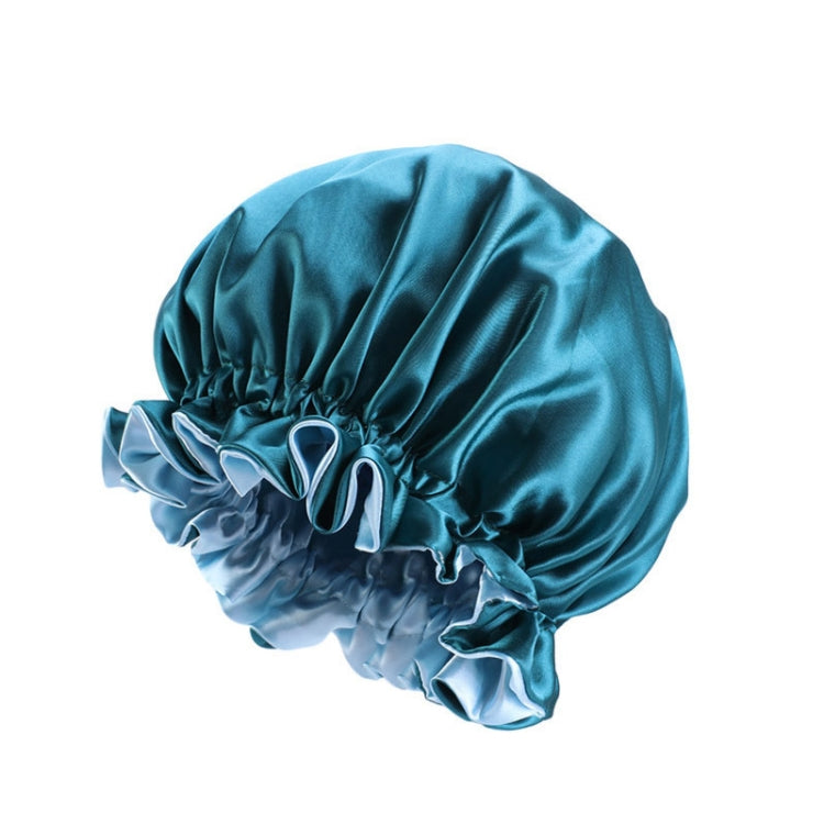 Teal blue satin round sleep hat with gathered crown and light blue ruffle trim