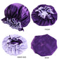 Purple satin chemo bonnet with ruffled edge; front, inner side, and back views
