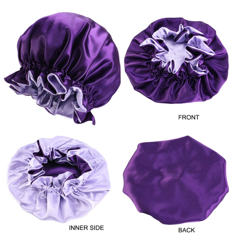 Purple satin chemo bonnet with ruffled edge; front, inner side, and back views