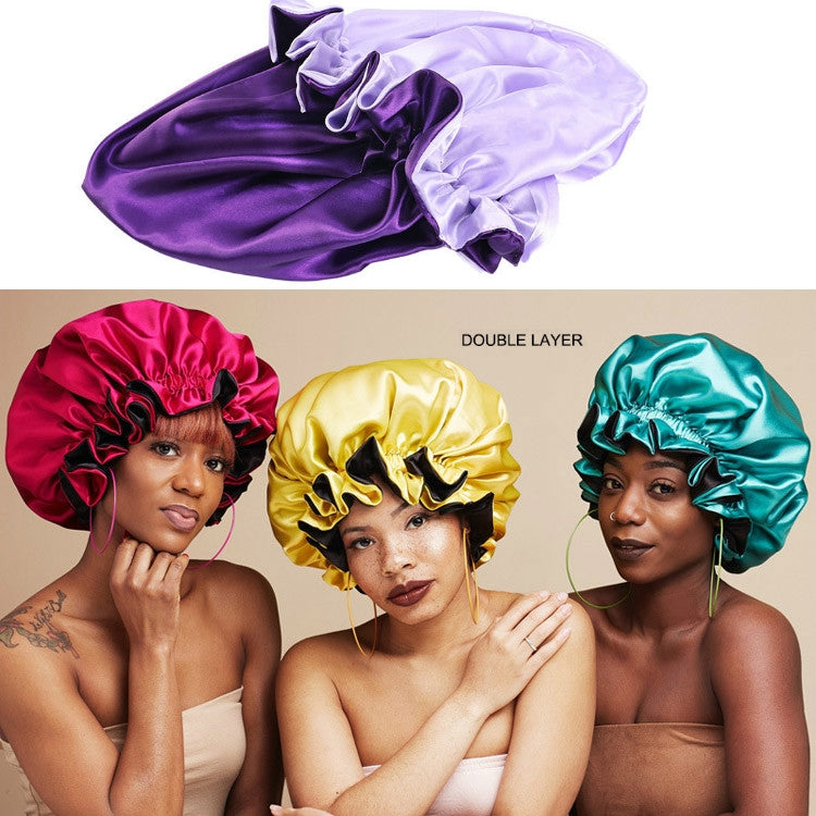 Assorted double-layer satin round night hats, large ruched brim, purple/red/yellow/teal
