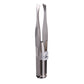 Compact chrome eyebrow tweezer tool with two open angled tips on stand