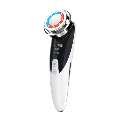 Ultrasonic facial massager device, white with glowing blue and red ring