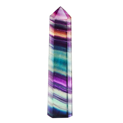 Multicolor fluorite crystal hexagonal column ornament with faceted top and banded stripes