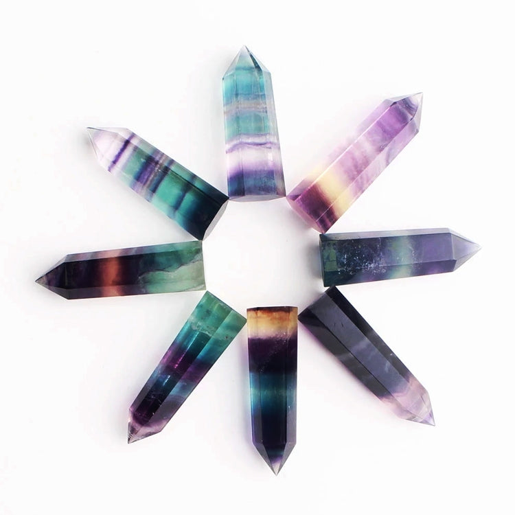 Set of multicolor fluorite crystal hexagonal column ornaments, assorted sizes