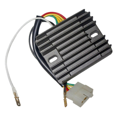 Motorcycle rectifier with black aluminum heatsink and wire harness, connector included