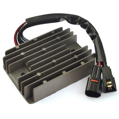 Motorcycle rectifier/regulator with black finned heatsink and wiring harness, connectors