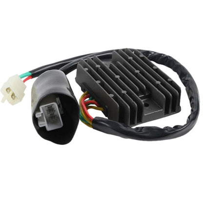 Motorcycle rectifier with black heat sink and wire harness, multi-pin connector