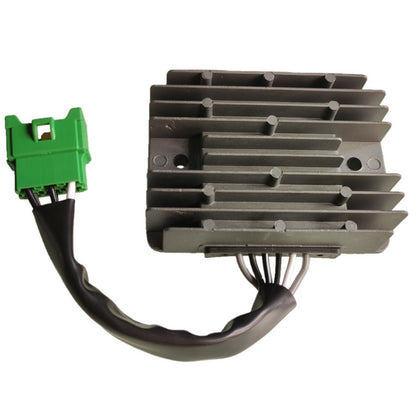 Motorcycle rectifier/regulator with metal heat sink, black wire harness, and green plug