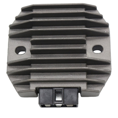 Motorcycle rectifier/regulator with black heat sink fins and 4-pin electrical connector