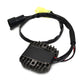 Motorcycle rectifier regulator module with cooling fins and connector wiring, angled view