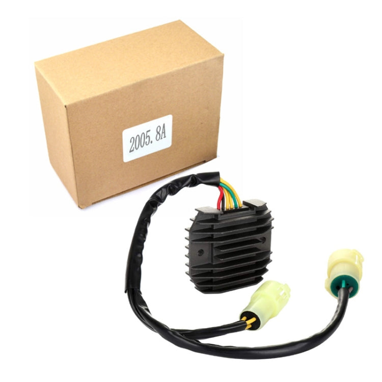 Motorcycle rectifier regulator with black heat-sink and wiring harness, in box