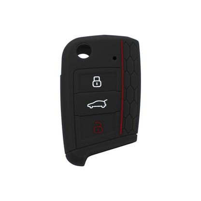 Black silicone key fob cover with button icon panel and red trim