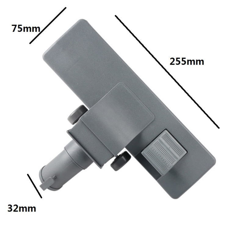 Gray floor brush head with 32mm inlet, angled view, and caster wheels
