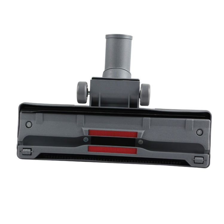 Gray vacuum floor brush head with two red bristle strips and central roller