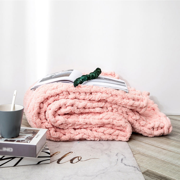 Rolled thick knitted wool blanket, pink, with plush textured loops
