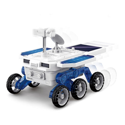 White and blue DIY solar Mars exploration car toy, 4-wheel drive with four large tires.