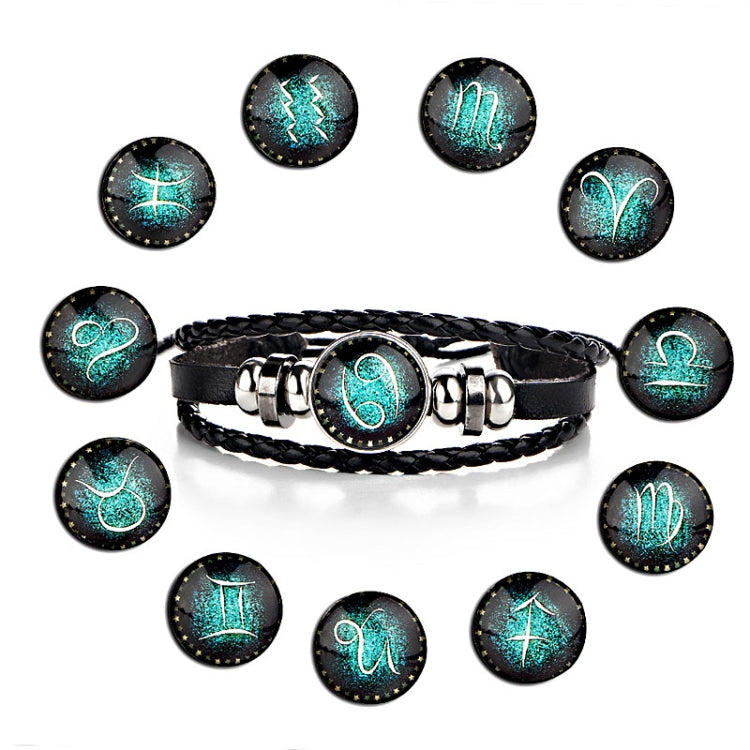 Black leather bracelet with turquoise zodiac cabochon and matching zodiac button charms