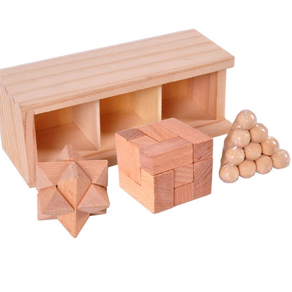 Light wood puzzle lock set in wooden box with cube and star pieces