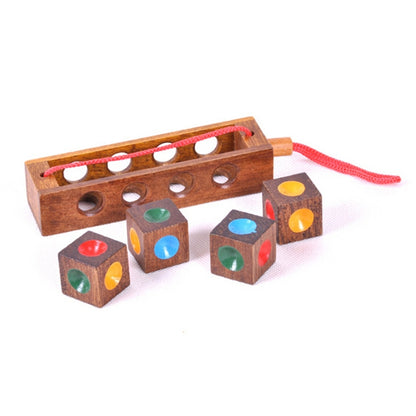 Wooden cube block chess set with tray, red string, and four colored dot cubes