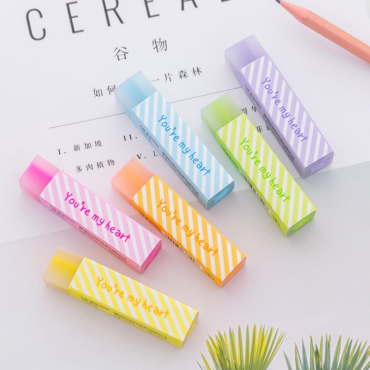 Set of long striped love erasers in pastel pink, blue, green, orange, and purple