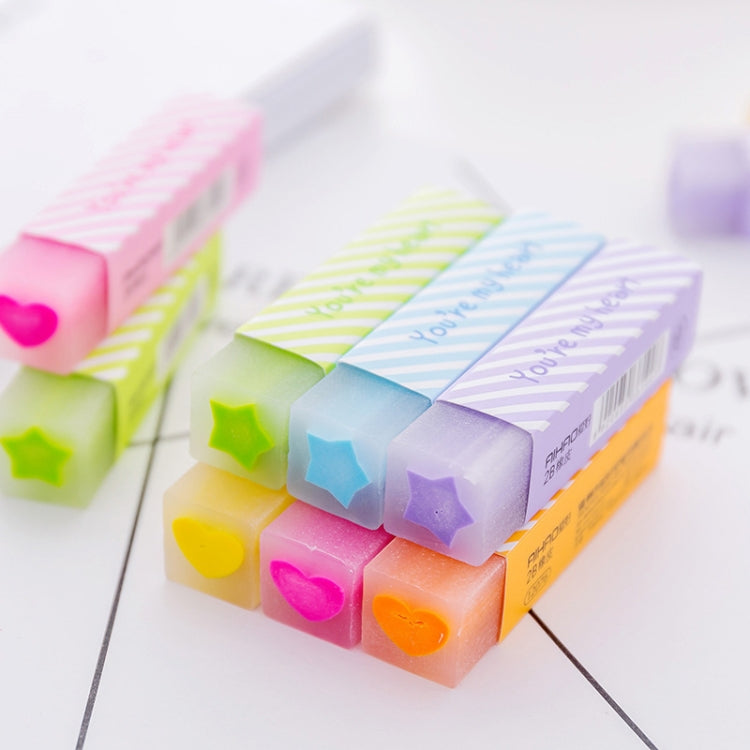 Stacked long striped love erasers with heart and star-shaped tops, assorted colors