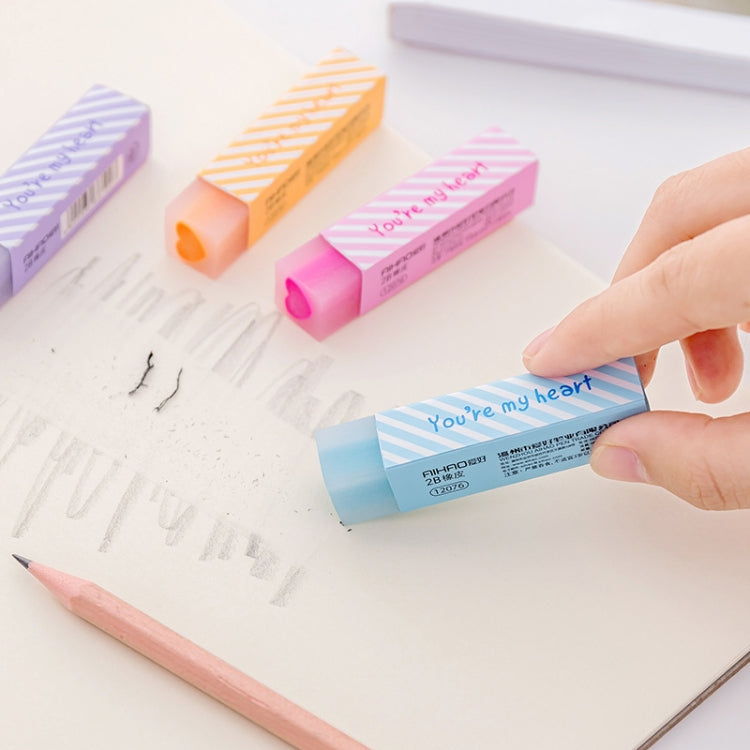 Hand holding a blue striped long love eraser with heart icon