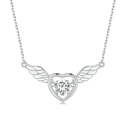 Sterling silver heart pendant necklace with white zircon and wing details