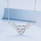 Heart wing pendant necklace with round white zircon centerpiece on silver chain