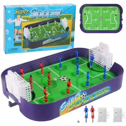 Kids soccer football table game with purple frame, green pitch, player figures, and goals