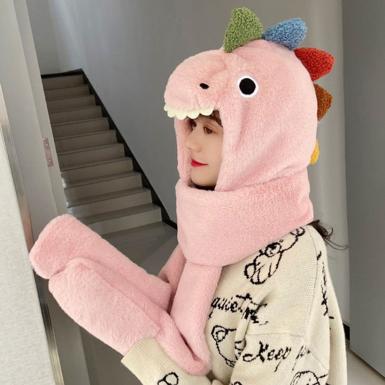 Pink dinosaur plush hat with matching scarf, one-size warm cartoon style