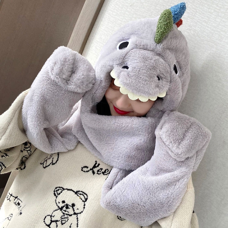 Gray dinosaur plush hat with matching scarf, one-size, soft hood and cartoon features