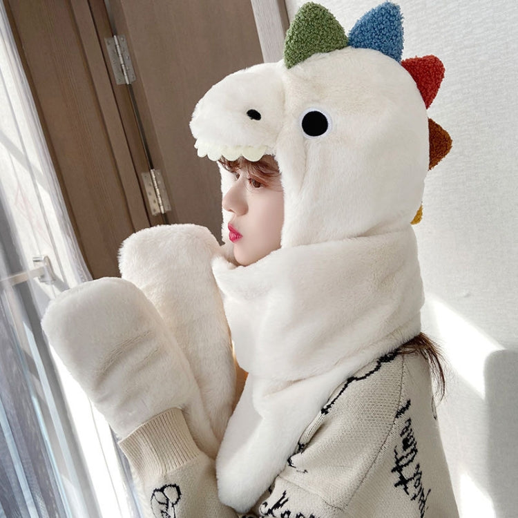 White dinosaur plush hat with matching scarf, one-size, hood with multicolor horn accents