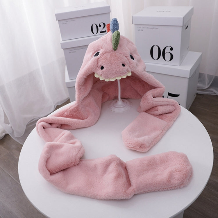 Pink dinosaur plush hat scarf set, one-size, full hood with cute dinosaur face
