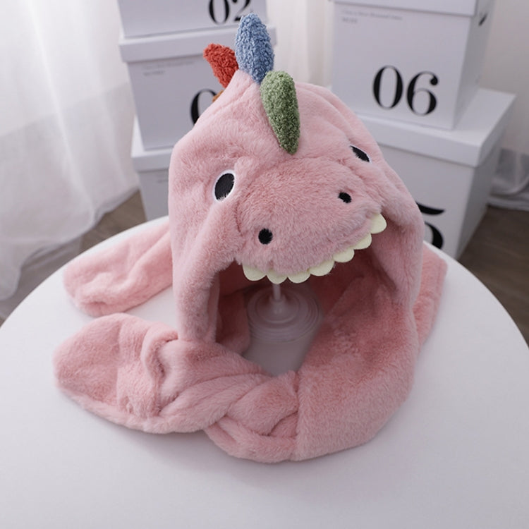 Pink dinosaur plush hat with scarf, one-size, oversized hood with horn and snout details