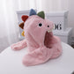 Pink dinosaur plush hat and scarf set, one-size, cartoon hood with multicolor horn accents